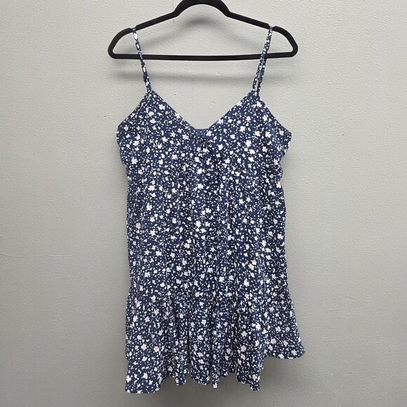 New In Dress Womens Large Navy Floral Spaghetti Strap Tiered Ruffle ND30100 - Picture 1 of 15